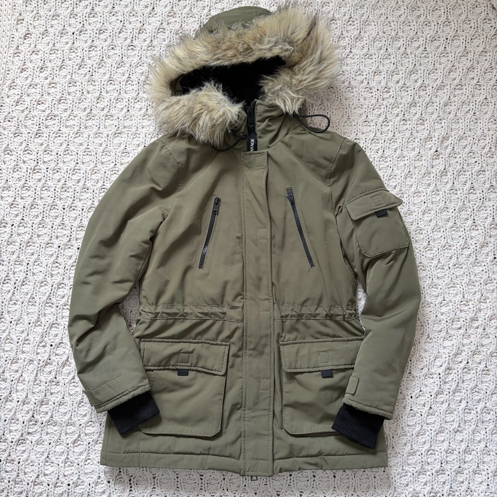 Garage Women’s Winter Coat - Army Green with Faux Fur Hood - Size Small